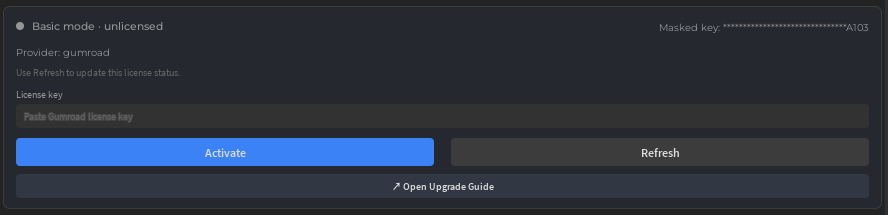WROX Plugin license activation screen