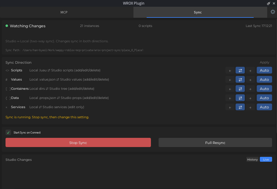 WROX Plugin panels open inside Roblox Studio.